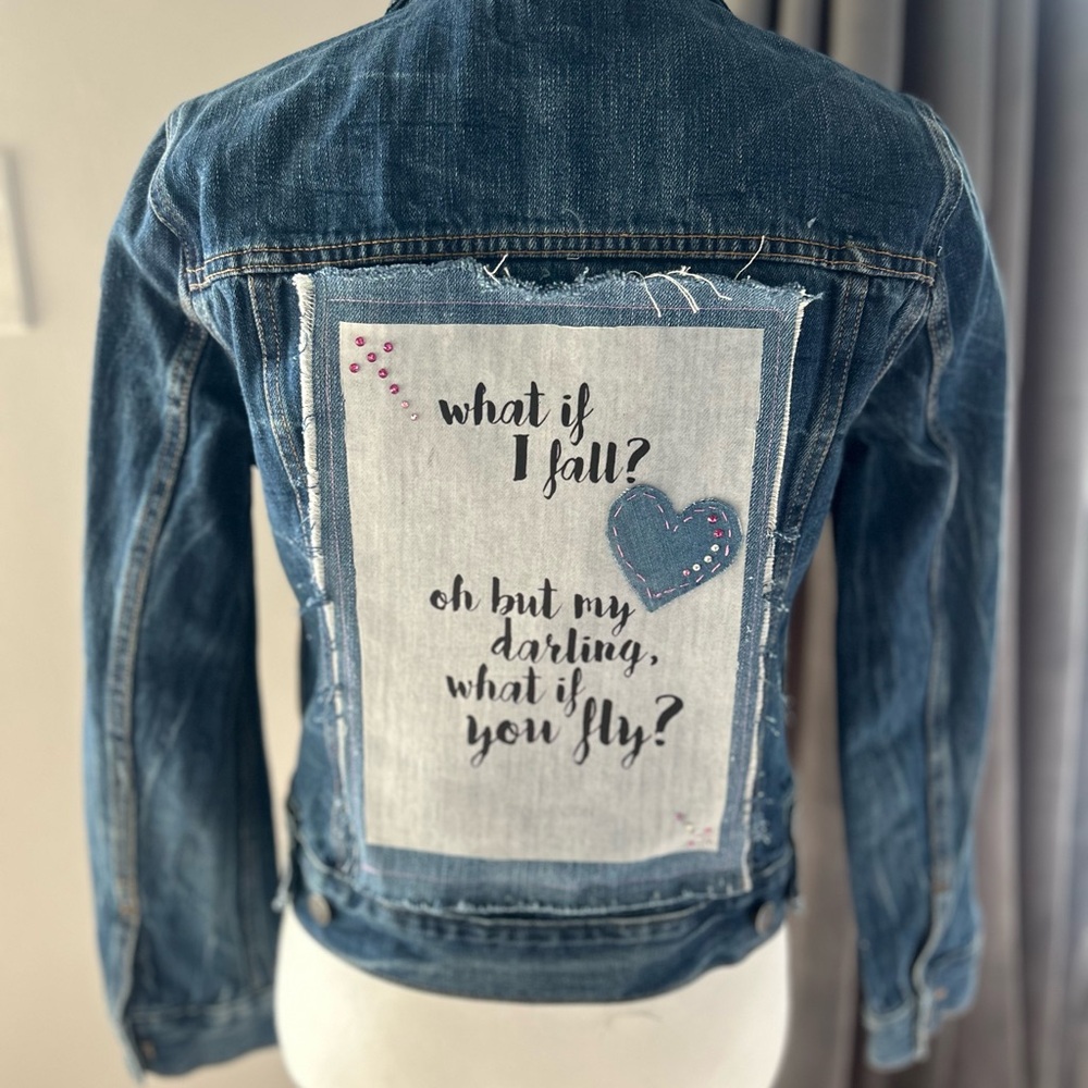 Upcycled J. Crew Indigo Denim Jacket with Inspirational Quote